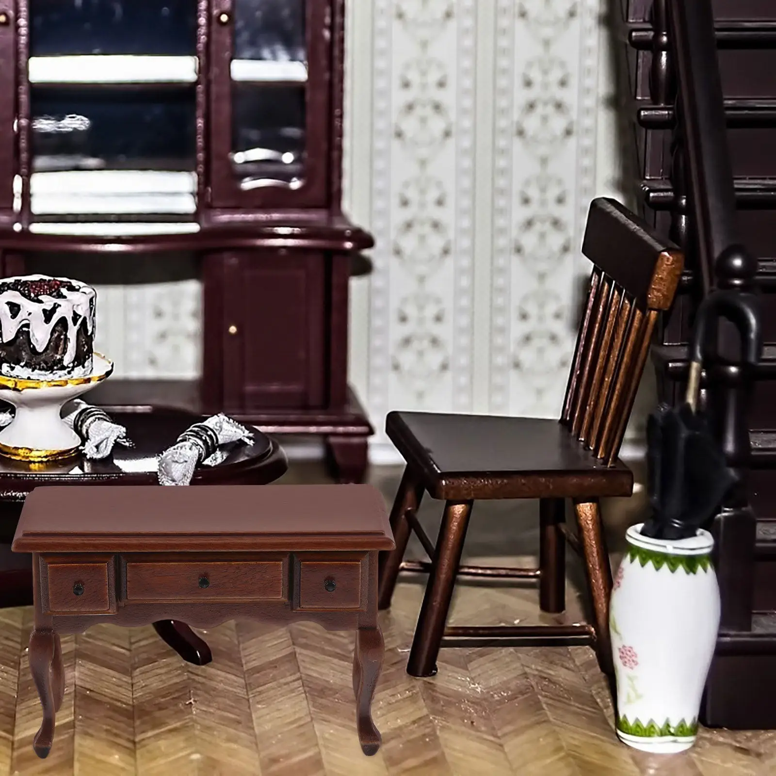 

Miniature Chestnut Wooden Table Realistic Mini Dollhouse Furniture Vintage End Table Decoration DIY Collecting Scene