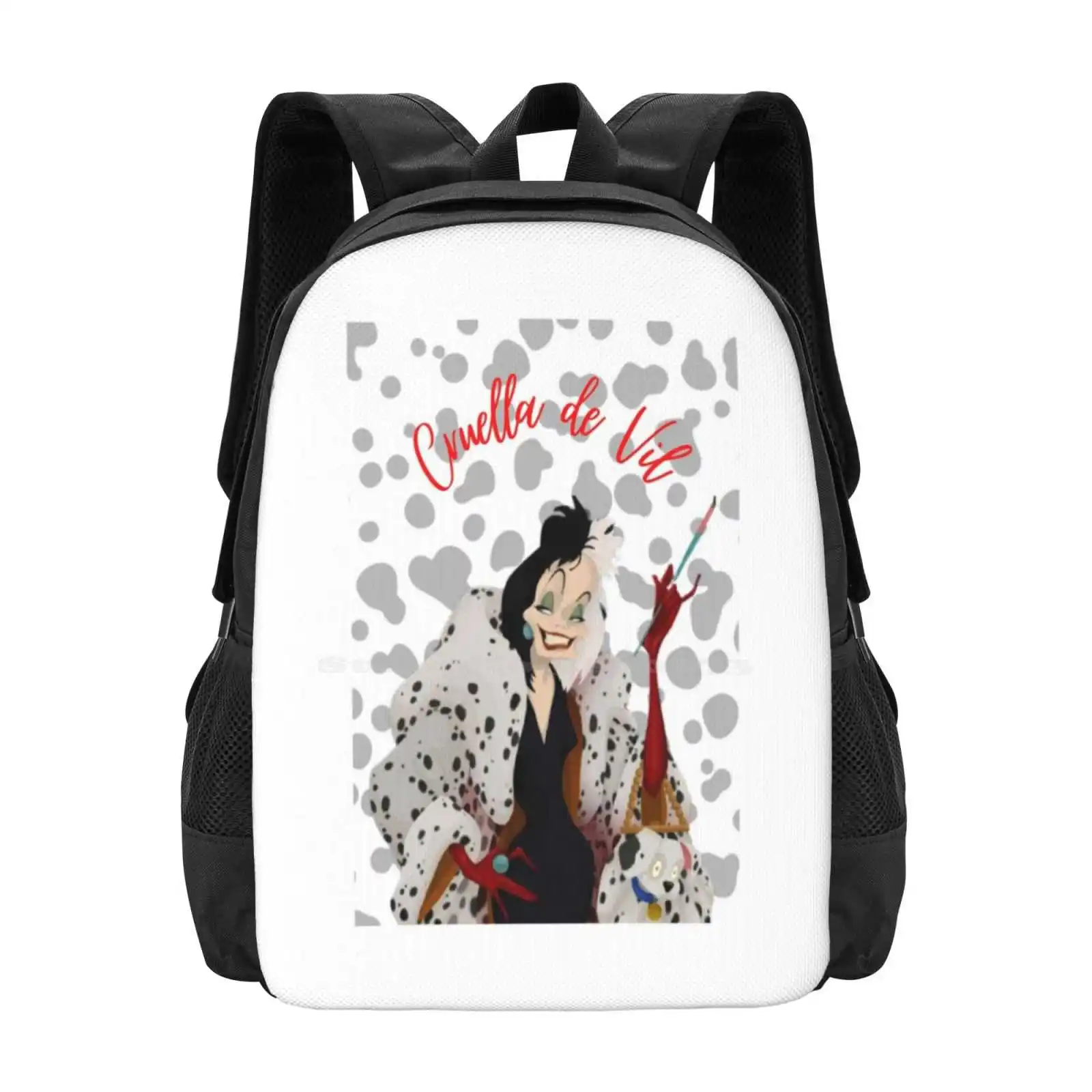 Cruella De Vil Dalmata stiker desain pola tas sekolah ransel Vile Cruella Villain anjing mantel Dalmatian 101 Dalmatian