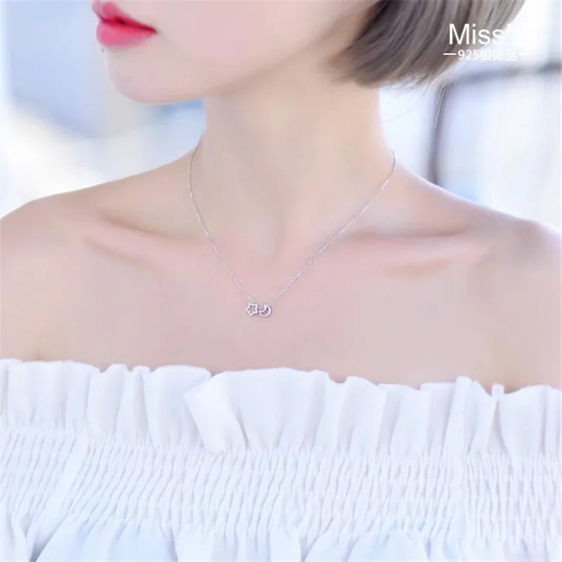 New Fashion Jewelry 925 Sterling Silver Hollow Star And Moon Temperament Simple Clavicle Chain Pendant Women Necklaces  XL080 - view 4