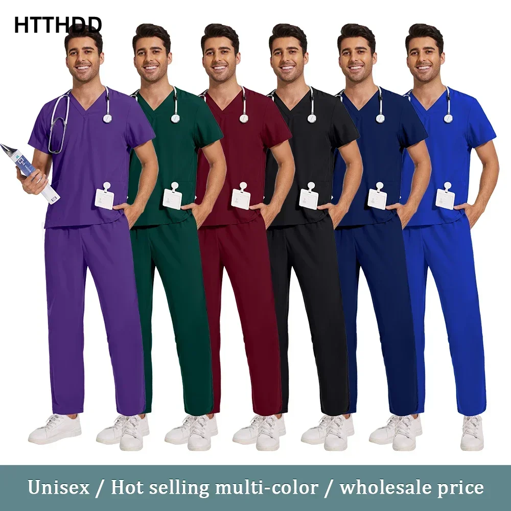 Mens Scrub Set Surgical Uniforms Woman Medical Nurse Beauty Salon Workwear Clinical Scrubs Top Pant Doctor Nursing Clinical Suit