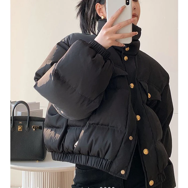 Gidyq Women Korean Parkas Winter Casual Streetwear Female Loose Cropped Puffer Coats Fashion Designed Button Puffy Jacket New