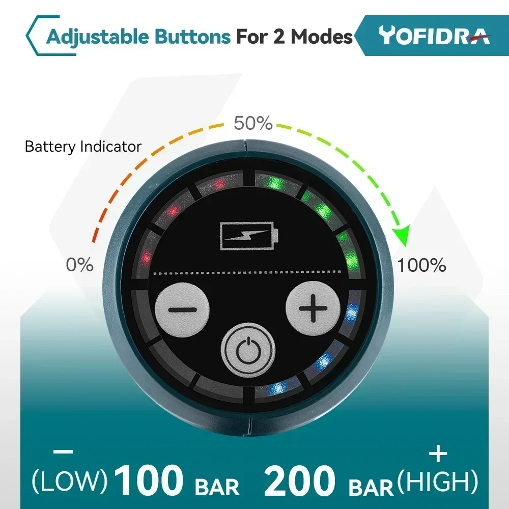 YOFIDRA 3500 W 200 Bar bürstenloser elektrischer Hochdruckreiniger 6IN1 Autowaschwasserpistole Gartenspritzpistole für Makita 18 V Batterie