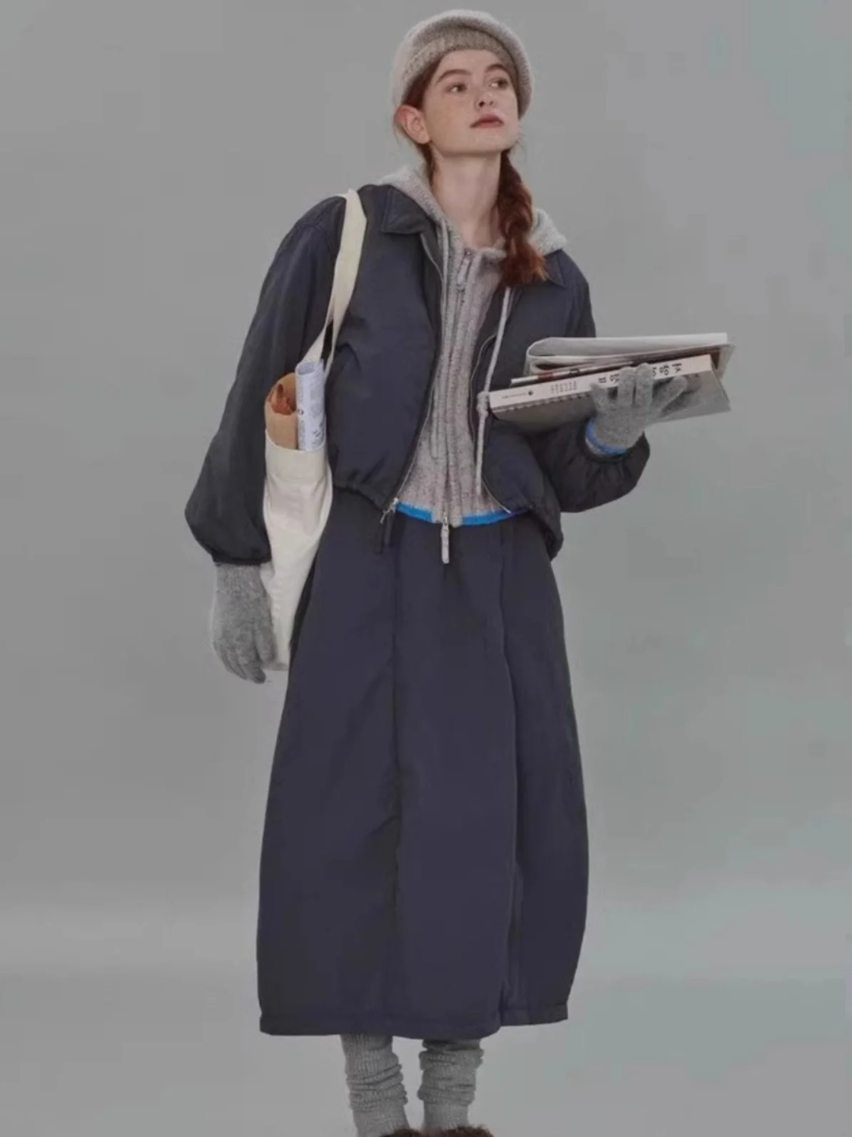 Faionable  Color Cotton Blend Warmth Set Women's Autumn Winter 2025 New Small Collar Cotton Top f Skirt Two Piece Set