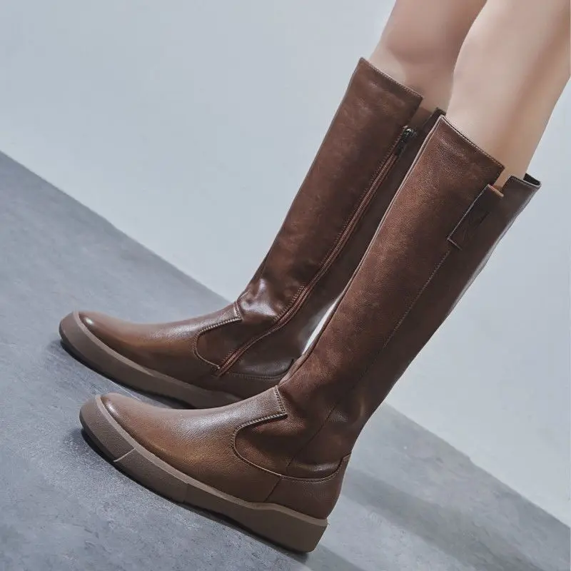 2026 New Women's Solid Color Retro Anti-Slip High Boots Spring and Autumn Fashion Side Zipper Design Casual Rider Boots