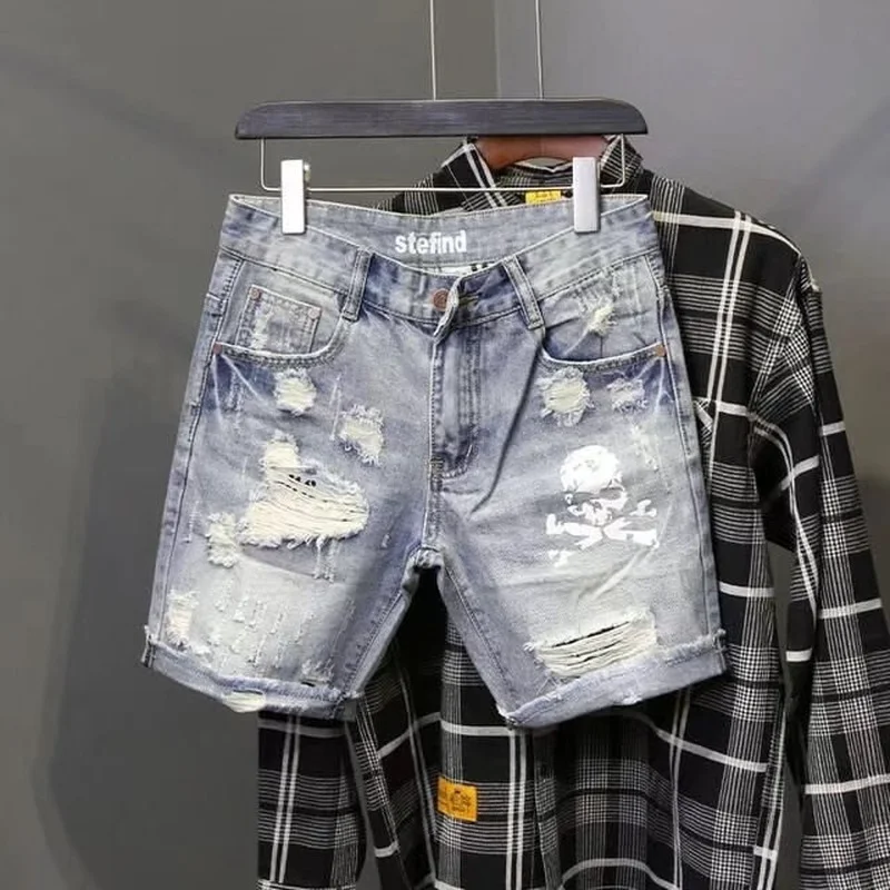 New Summer 2022  Ripped Hole Beggar Short Pants Men's Personality Skeleton Skull Printed Korean Slim Fitting Cowboy Denim Shorts