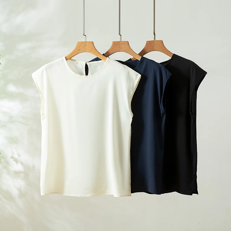 

93% Mulberry Silk 7% Spandex Solid Colors Round Neck Cap Sleeve Women Shirt T-Shirt Top Blouse Pullover Summer L XL QQ044