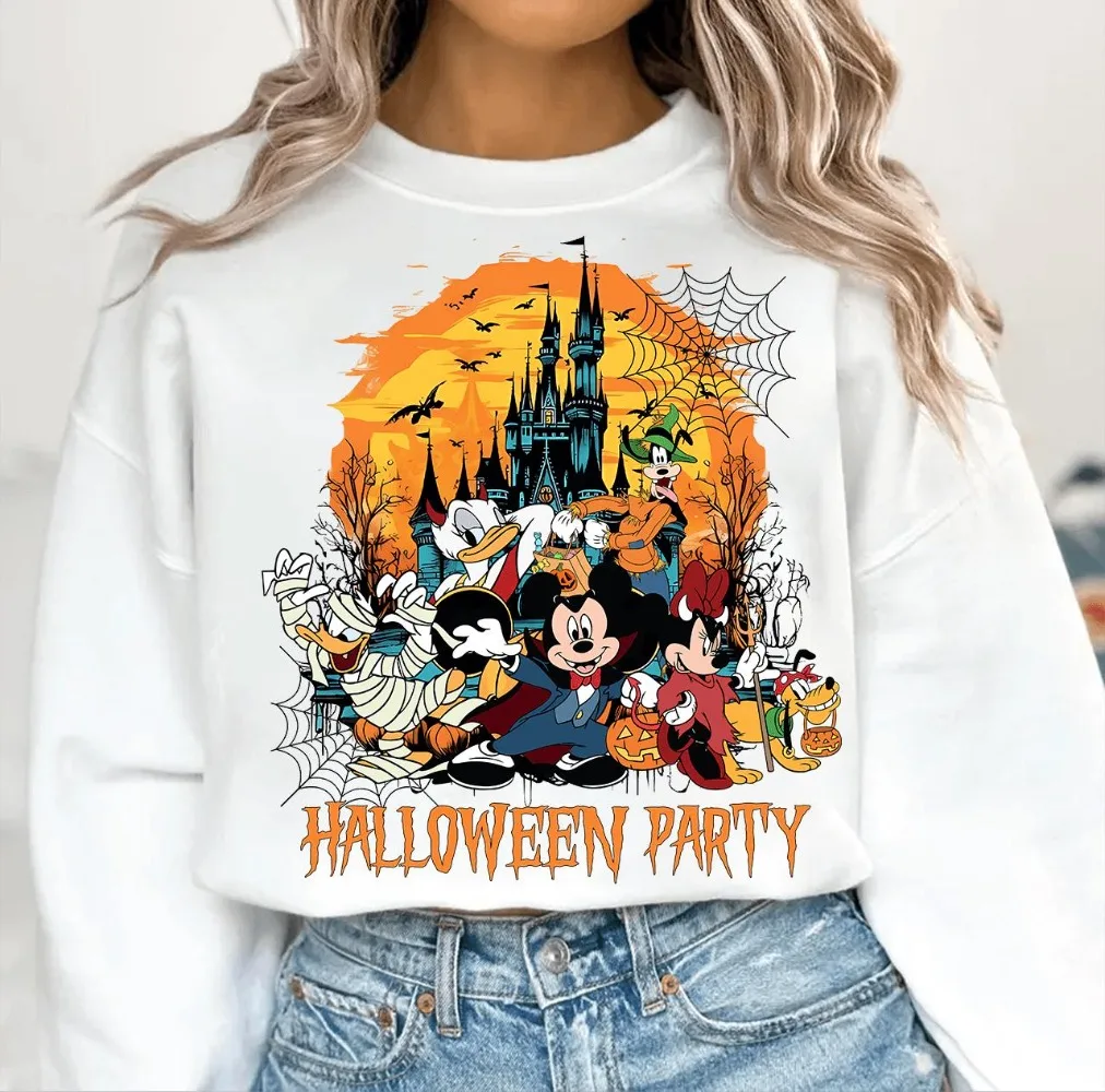 Felpa con cappuccio Disney Halloween Party Topolino Amici Castello spettrale Sfondo Minnie Pippo Maglione Donald Pumpkin Dolcetto o scherzetto Design