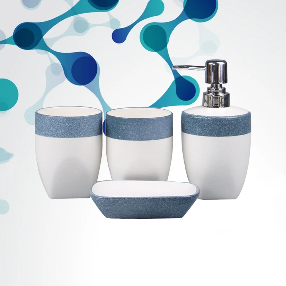 

1Set Bathroom Set Ceramic Tooth Mug Soap Dish Blue Emulsion Bottle Practical Home Decoration Bathroom Set