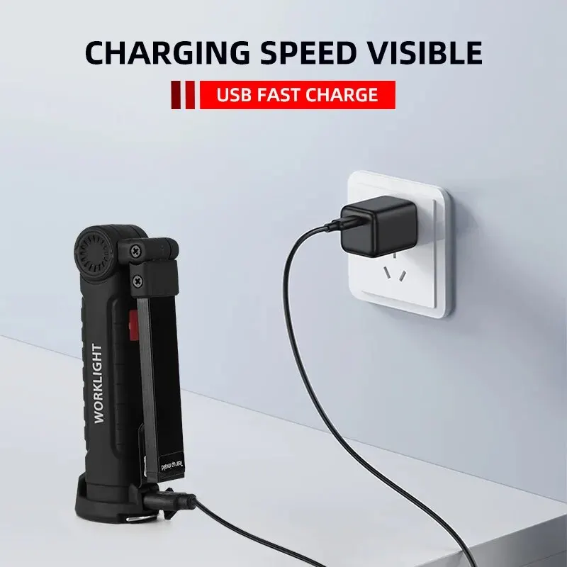 ไฟฉาย LED แบบชาร์จไฟได้ผ่าน USB สำหรับตั้งแคมป์ ไฟทำงาน พร้อมแม่เหล็กและตะขอ โหมดแสงสว่างกันน้ำ เหมาะสำหรับการทำงานกลางคืน