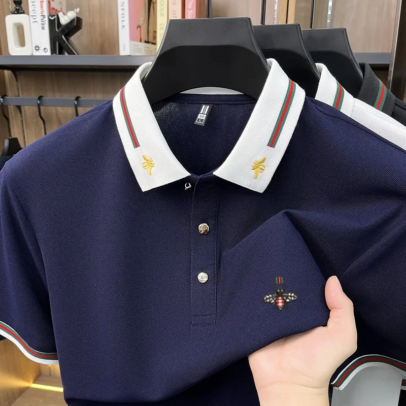 Luxusmarke Kurzarm Herren POLO Shirt Mode Boutique Bienenstickerei Design Neue Tops Sommer Freizeit Komfort Atmungsaktives T-Shirt – Detail 4