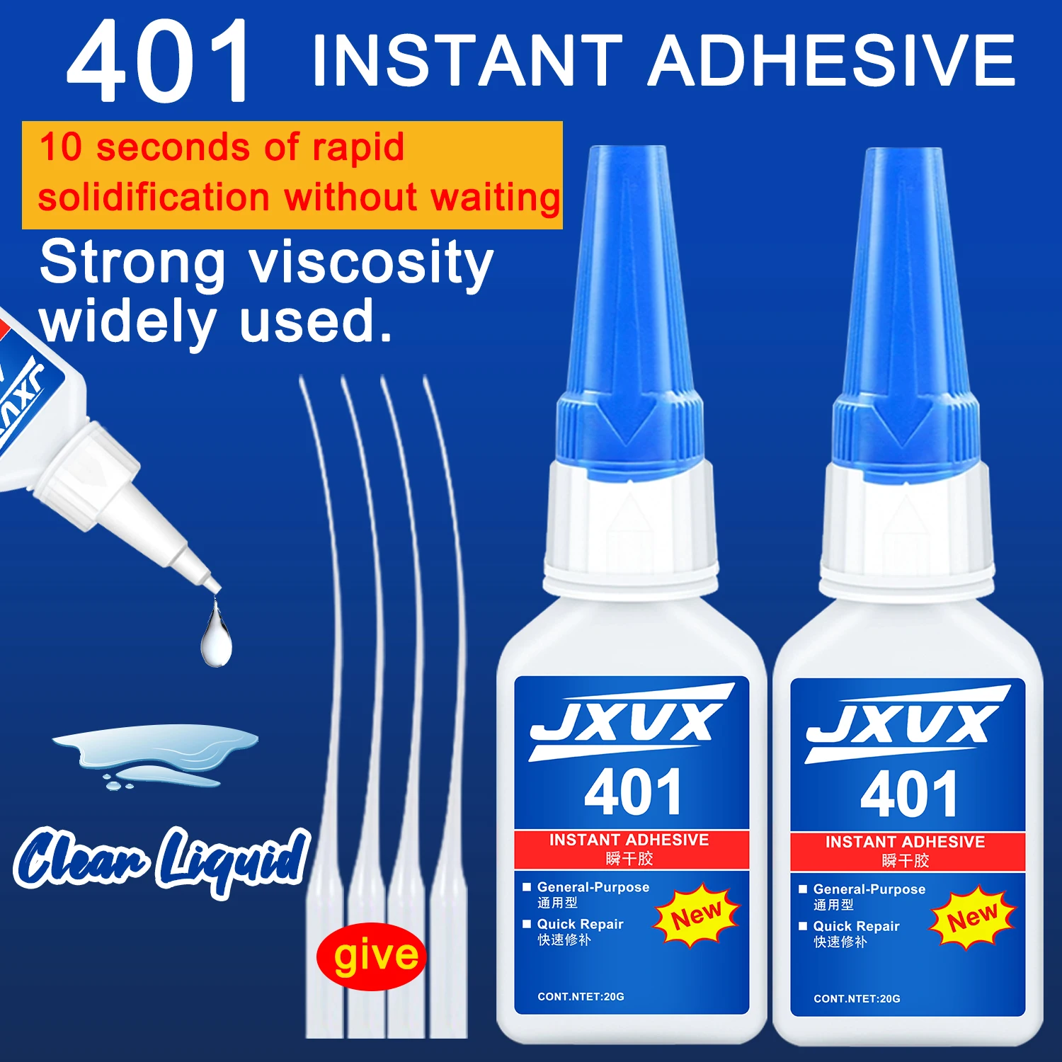 JXVX Nouvelle colle super cyanoacrylique 401 améliorée, 5 secondes à séchage instantané, étanche, stable et polyvalente, pour résine, céramique, métal, verre, séchage rapide, 1-3 pièces.