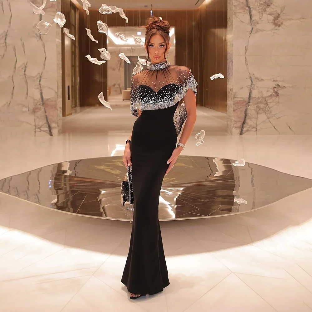 

Luxury Beading Evneing Dress High Neck Short Sleeves Jersey Mermaid Evening Gowns Trumpet Elegant Formal Party Dress Customized