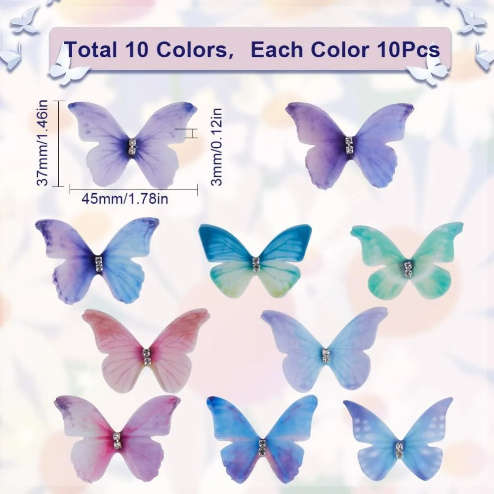 1 Box 100Pcs Butterfly Charms Bulk Colorful Wing Charm Light Weight Organza Fabric Butterflies Wings Charms Double Layered