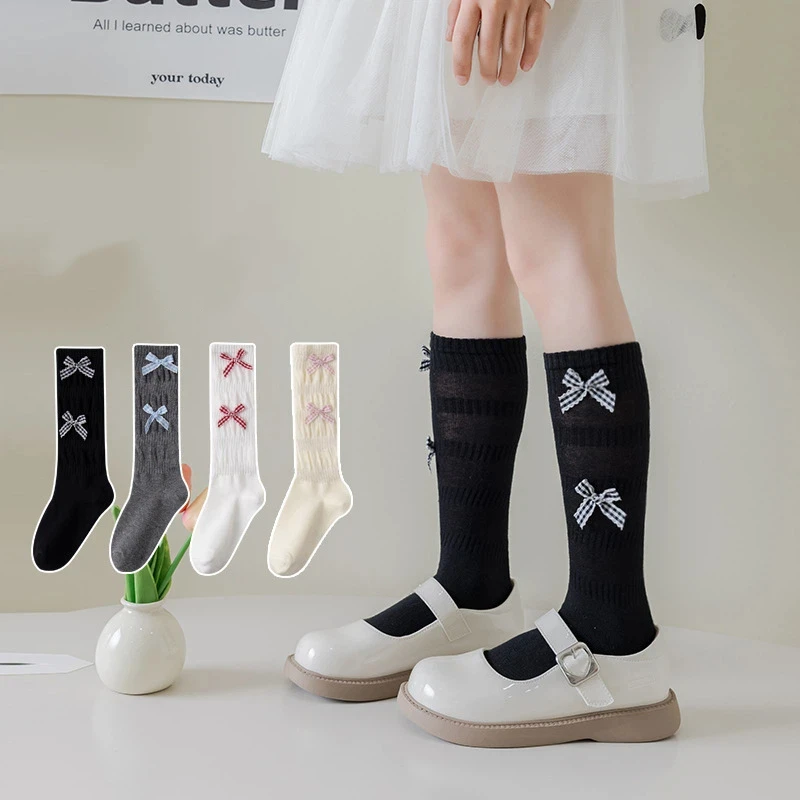 Child Long Socks For Girls Spring Autumn Cotton Bow Children Calf Socks Retro Solid Knee High Baby Kids Girl Elegant Sock 1-12Y view 2