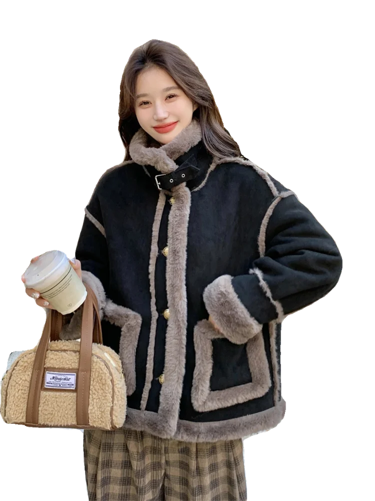 Bla Lamb Fur Jaet المرأة الشتاء Thiened تصميم فضفاض عالية الياقة ملابس قطنية عادية Sle طويلة Sve زر إغلاق #5