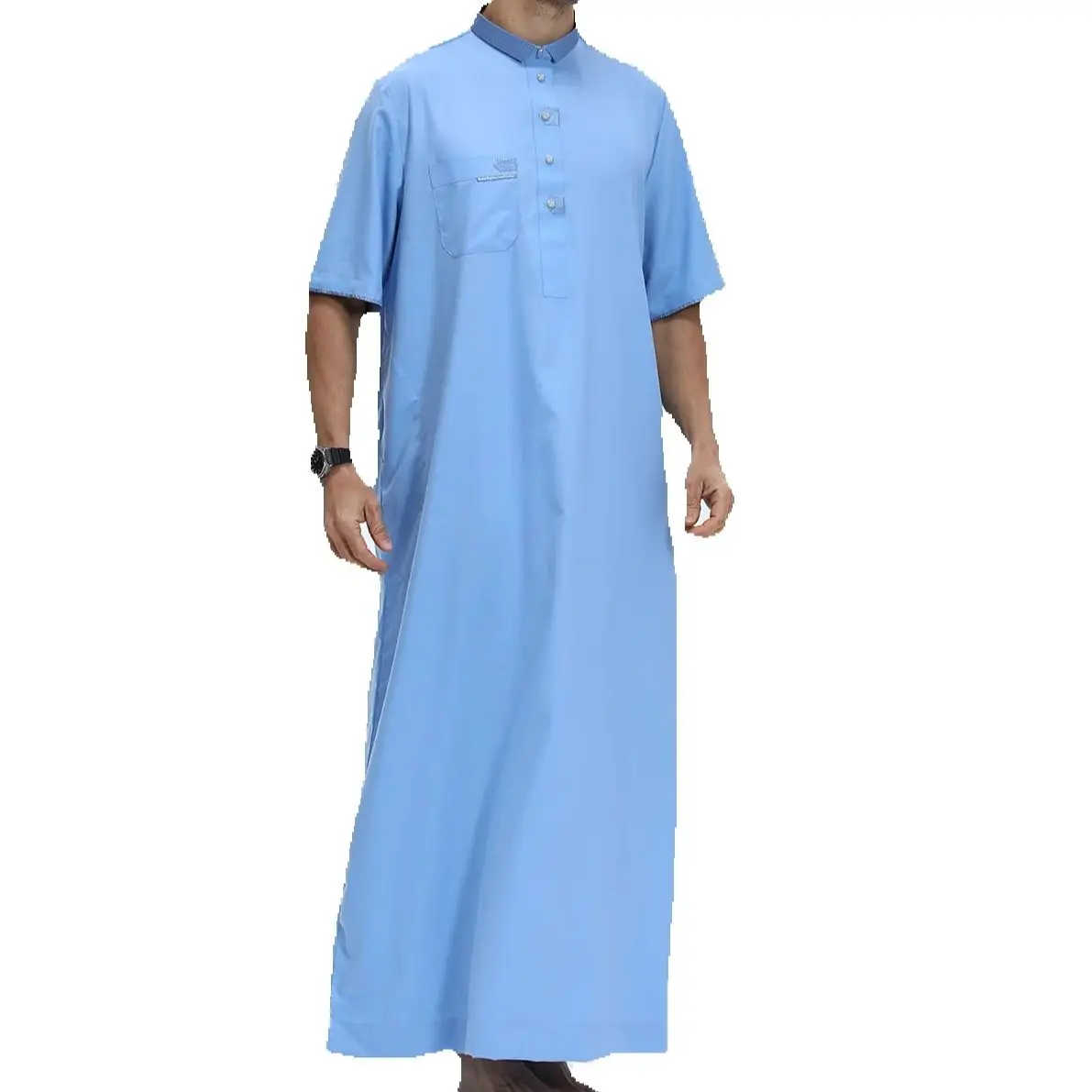 Men Jubba Thobe Qatar Muslim Dress Islam Short Sleeve Stand-Up Collar Arabian Robe Worship Daffah Dishdasha Traditional Clothing