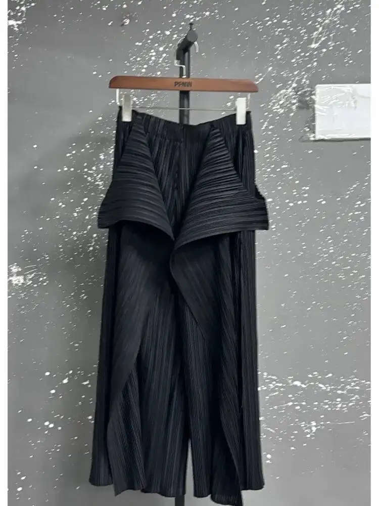 EAM Black Pleated Irregular High Elastic Waist Wide Leg Pants New Loose Trousers Women Fashion Tide Autumn 2026 30A2833