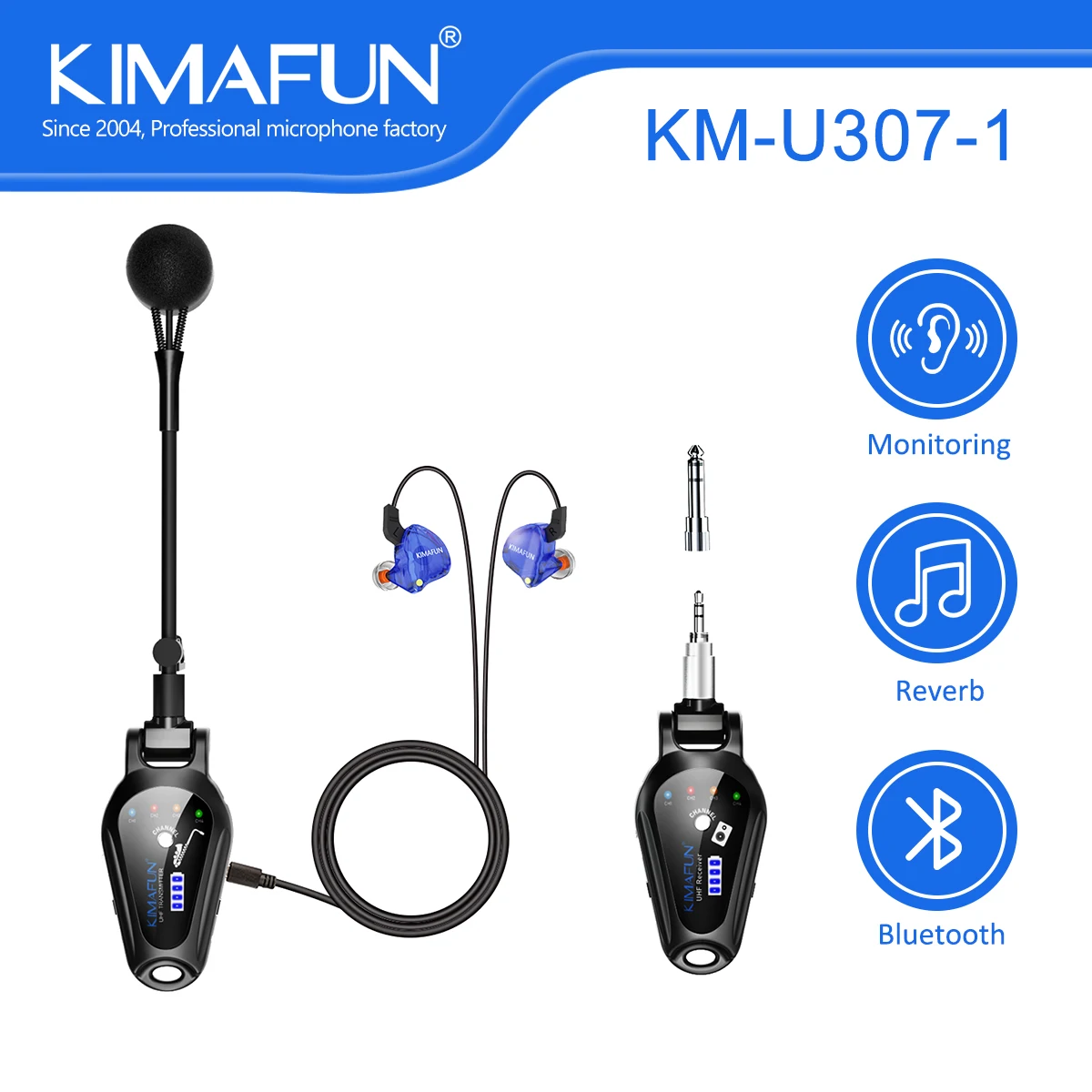 KIMAFUN Clip-On UHF Wireless Saxophone Microphone,with Reverb and Bluetooth Monitoring for Musicians,Audio Mixers,Speakers,PA