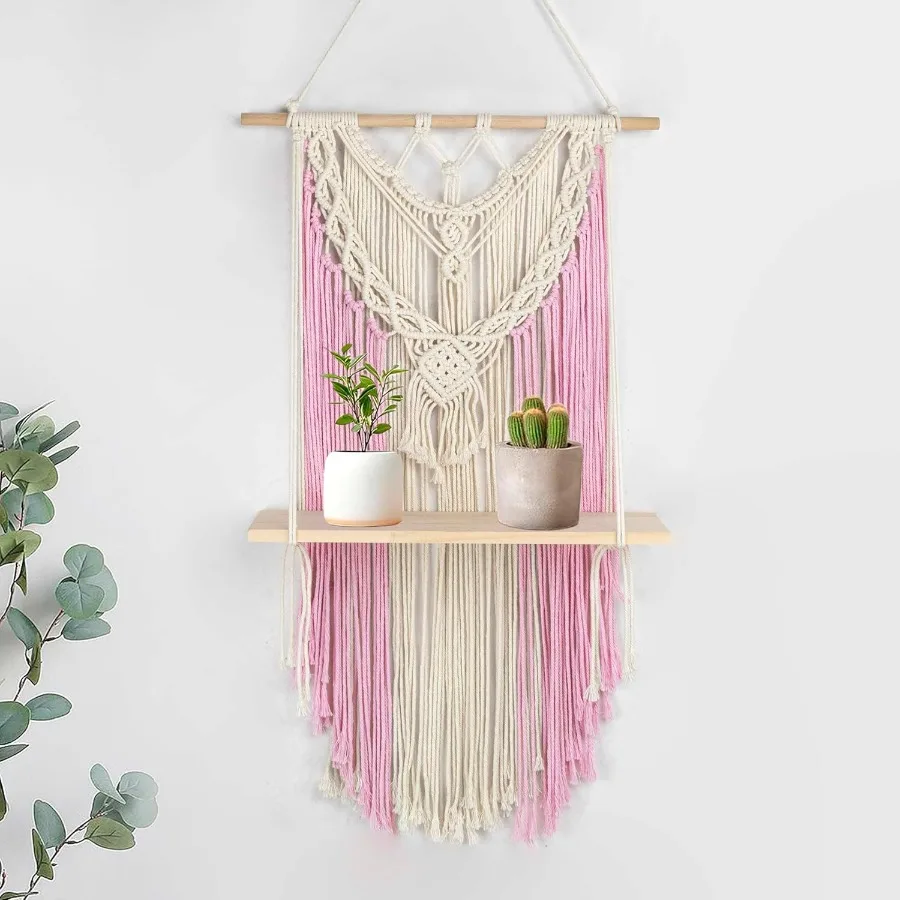 

LB Pink Macrame Wall Hanging Shelf Boho Wall Dr Wood Floating Shelf for Bedroom Living Room Nursery Bathroom Bohemian Handmade