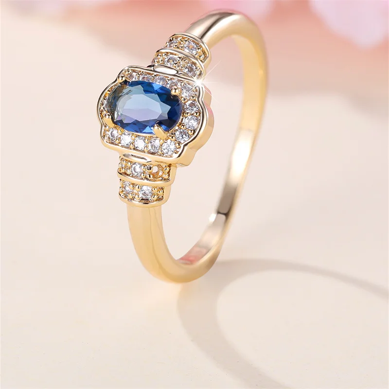 Royal Blue Stone Small Oval Wedding Bands Antique Gold Color Vintage Zircon Stacking Engagement Party Rings For Women Jewelry CZ