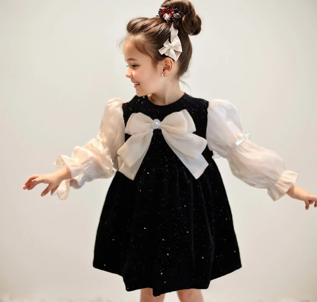 Girls Dress Spring and Autumn French Style Black Princess Dress Outer Wear Sweet Princess Dress Bow Clothing