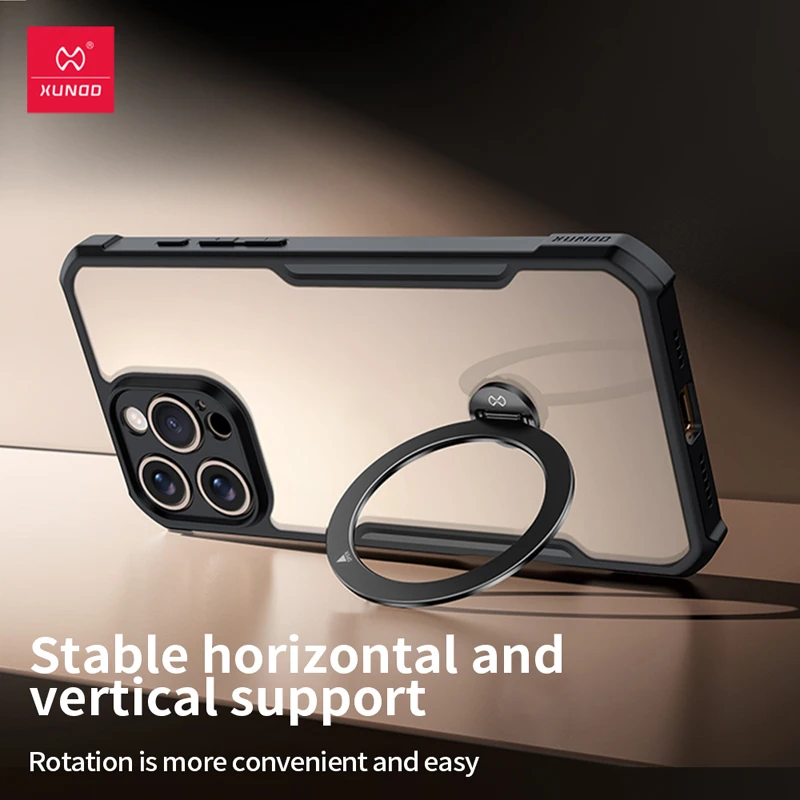 

Для iPhone 16 Pro Max чехол Xundd противоударный прозрачный чехол для ПК + магнитный 360 ° Вращающийся держатель-подставка для кольца