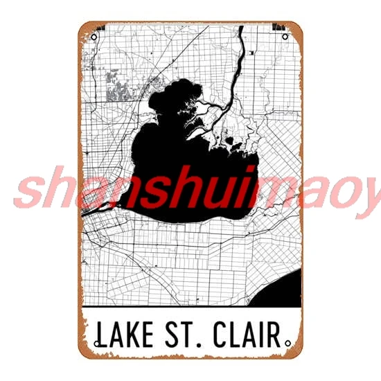 Tin Sign Vintage Lake St. Clair Michigan, Lake St. Clair Mi, Detroit Art, Detroit Decor, Map, Detroit Map, – P HAI