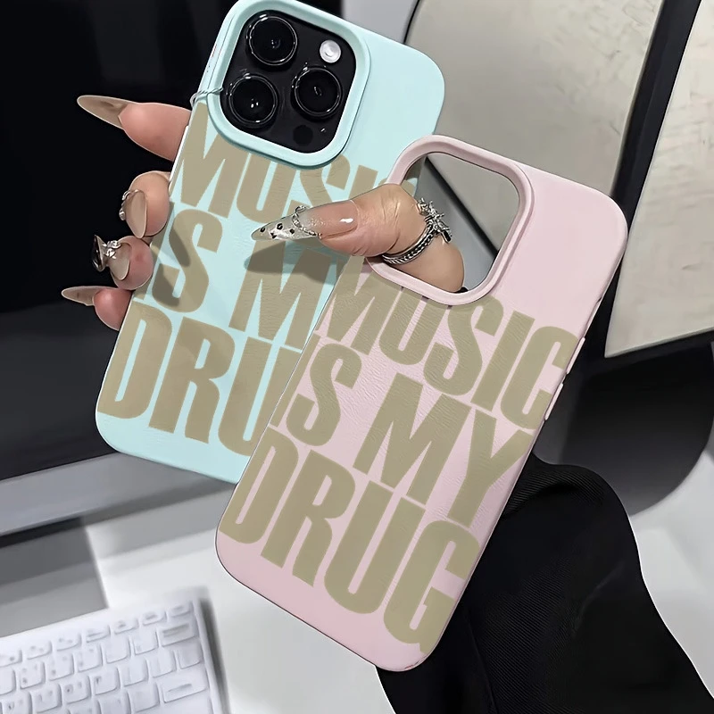 حافظة هاتف لهاتف آيفون 17 11 13 12 15 14 16 Pro Max XS XR X 7 8 Plus SE 17 Air MUSIC IS MY DRUG Pattern ليتشي الملمس غطاء ناعم