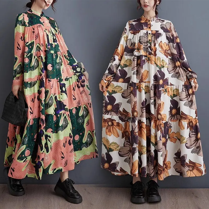 

2024 Spring And Autumn Korean Edition Dress Women Loose Large Size Fashion Printed Mid Length Art Retro Dress Casual Robe Z4253