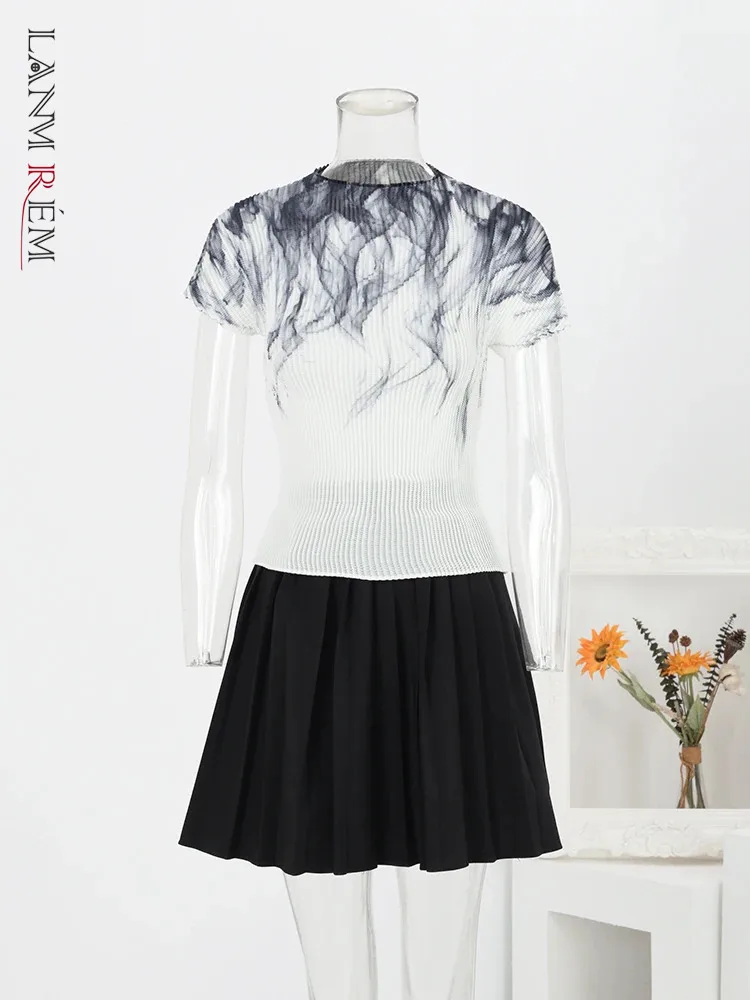 

LANMREM Summer New Fashion Print Pleated T-shirt Women Short Sleeves Slim Contrast Color Tops Streetwear 2024 Clothing 17J0413