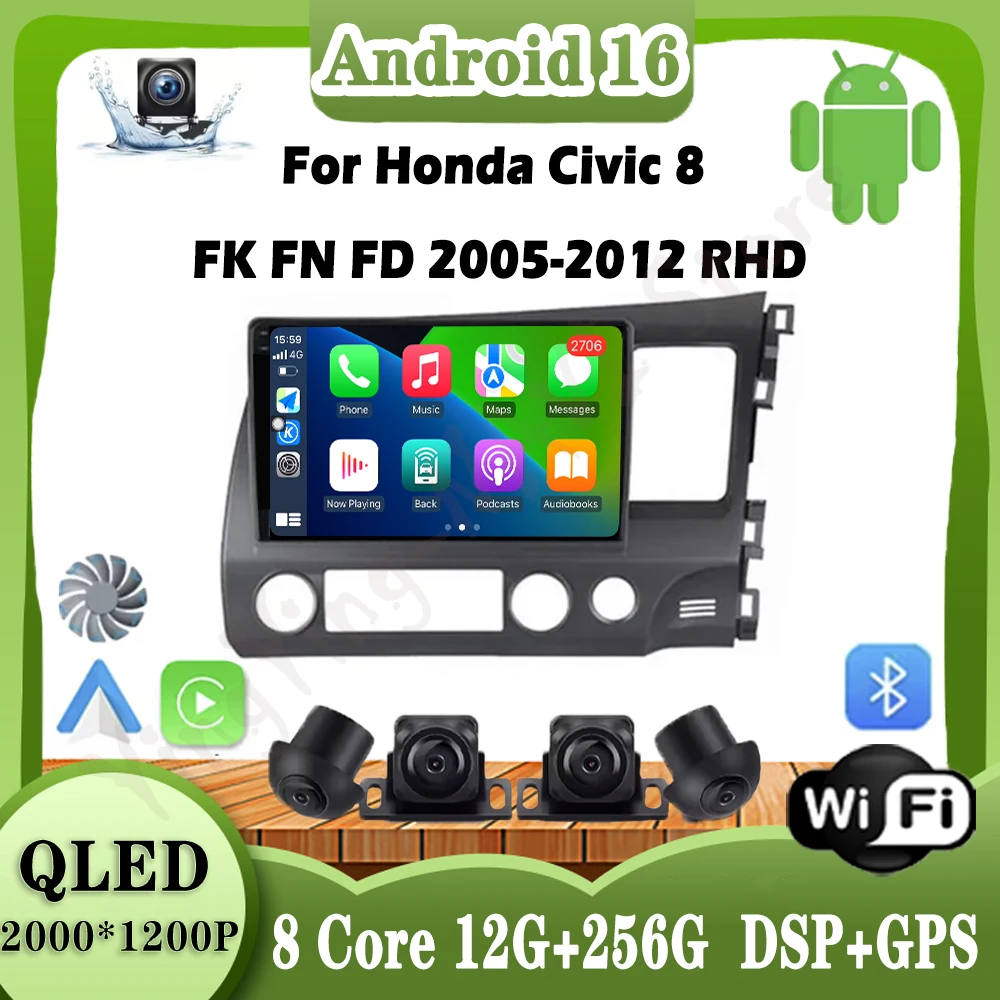 

Android 16 для Honda Civic 8 FK FN FD 2005-2012 RHD автомобильный радиоприемник с сенсорным экраном беспроводной Carplay автомобильный стерео мультимедийный плеер 4G WFI