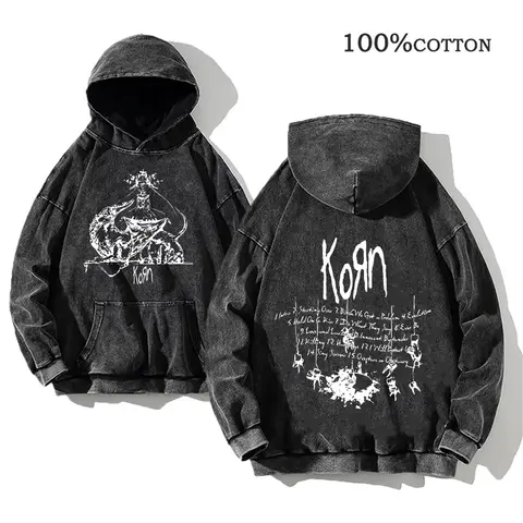 Korn Rock Band World Tour Hoodies Vintage Washed Herren Sweatshirts Baumwolle Hip Hop Streetwear Kapuzenpullover Lose Y2K Tops