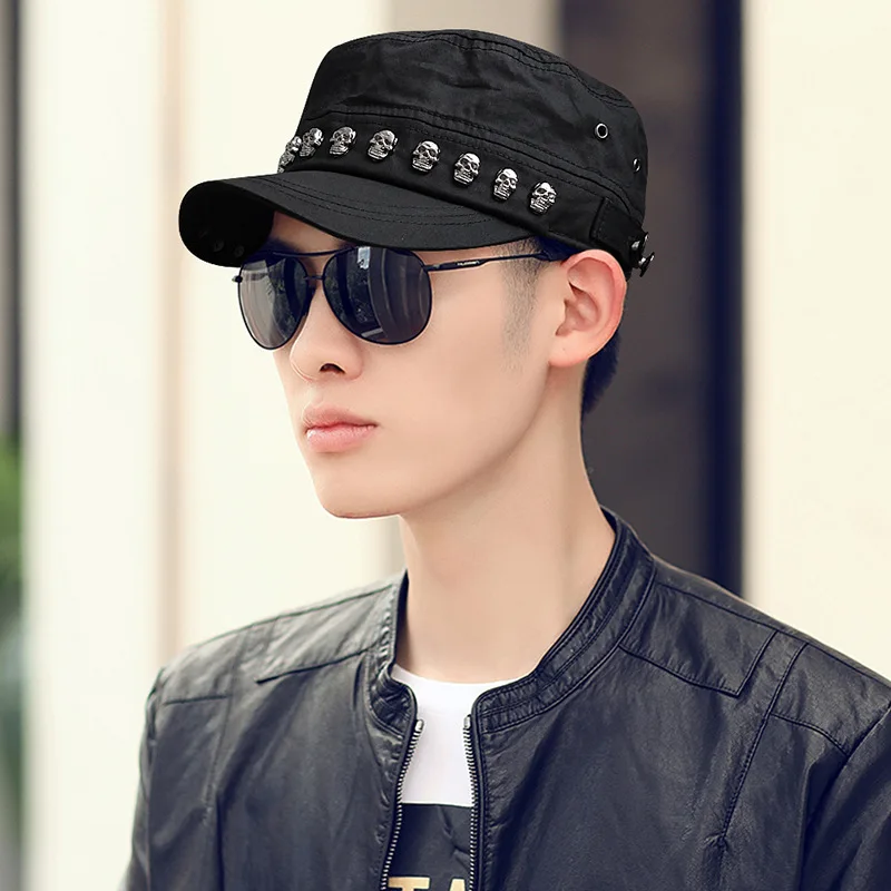 SzBlaZe Gorra militar de cadete unisex Gorra plana Gorra de béisbol informal Sombreros de calavera Gorra con remaches de hip hop para hombres y mujeres al aire libre Cabezas de 56 a 58 cm