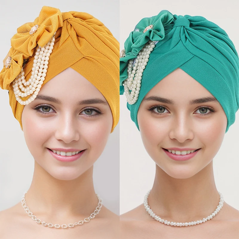 Pearls Beading Turban Cap For Women Flower Design Female Head Wraps Muslim Head Scarf Bonnet Hair Loss Hat Cover