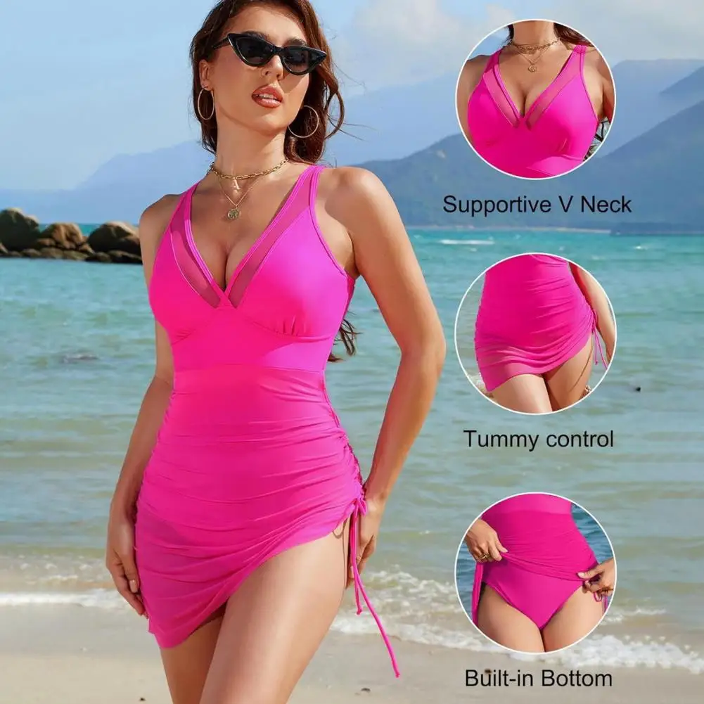 

Women's One Piece Swim Dress V Neck Tummy Control Slimming Swimsuit Mesh Sheer Wrap Bathing Suit Sarong For Beach Vacation
