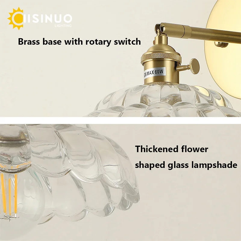 Up Down Rotate Wall Light Fixture Flower Clear Glass Bedside Night Light E27 Bulb Base for Home Kitchen Dining Room Study Decora