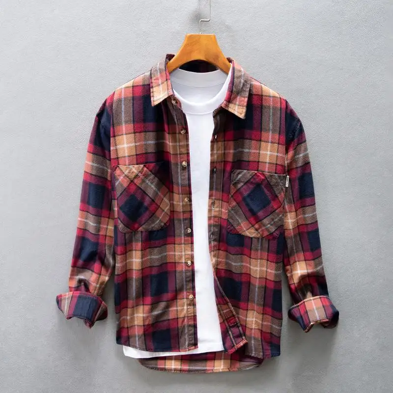 

2025 Spring and Autumn Men's Japanese Retro Shoulder Loose Casual Shirt Versatile Fashion Simple Checkered Long Sleeve Shirt