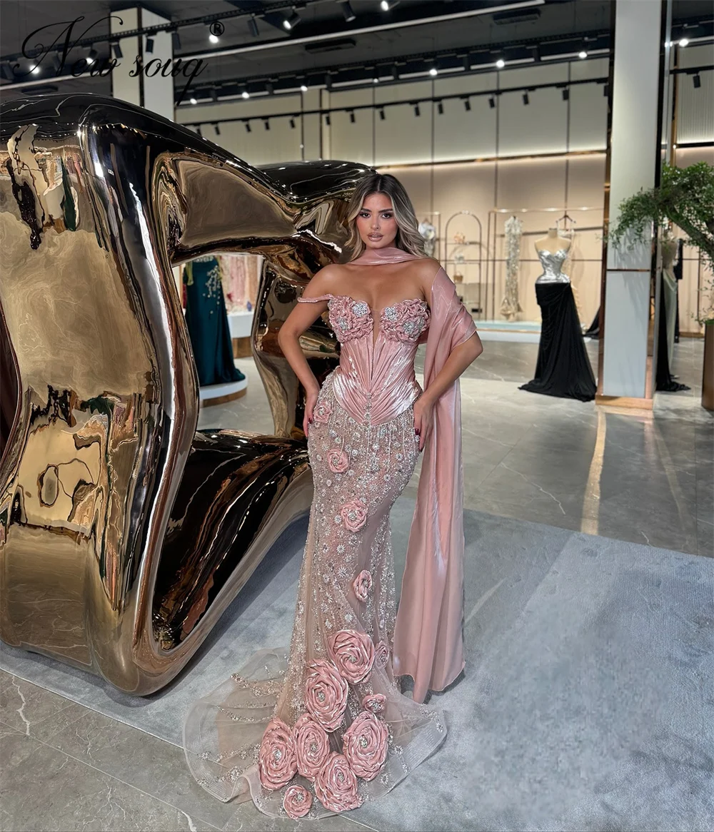 

Beading 3D Flowers Celebrity Dresses Arabic Mermaid Illusion Evening Dress Pink Wedding Party Gowns Vestidos De Noche Customized