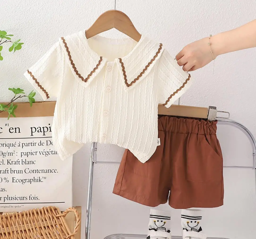 

Summer Girls Outfits Set Designer New Clothes for Baby Kids Sweet Turn-down Collar Short Sleeve Shirts+Shorts Toddler Suits