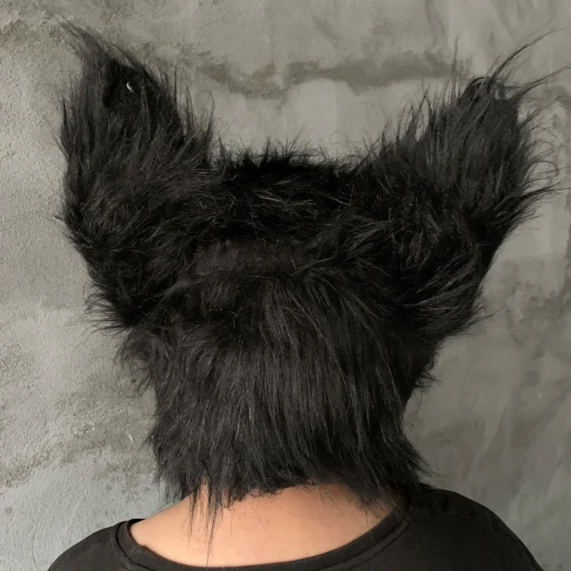 Lateks z futrzanym czarny kapelusz Cosplay maska straszny kask śmieszny kostium kaptur zwierzę maseczka do włosów nakrycia głowy dla dorosłych jeden rozmiar