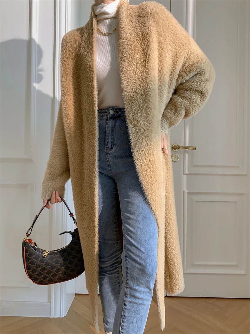 Loose Temperament Sweater Knitted Coat women\'s Draping Feeling Thick Imitation Mink Plush Soft Waxy Cardigan Medium Long Large