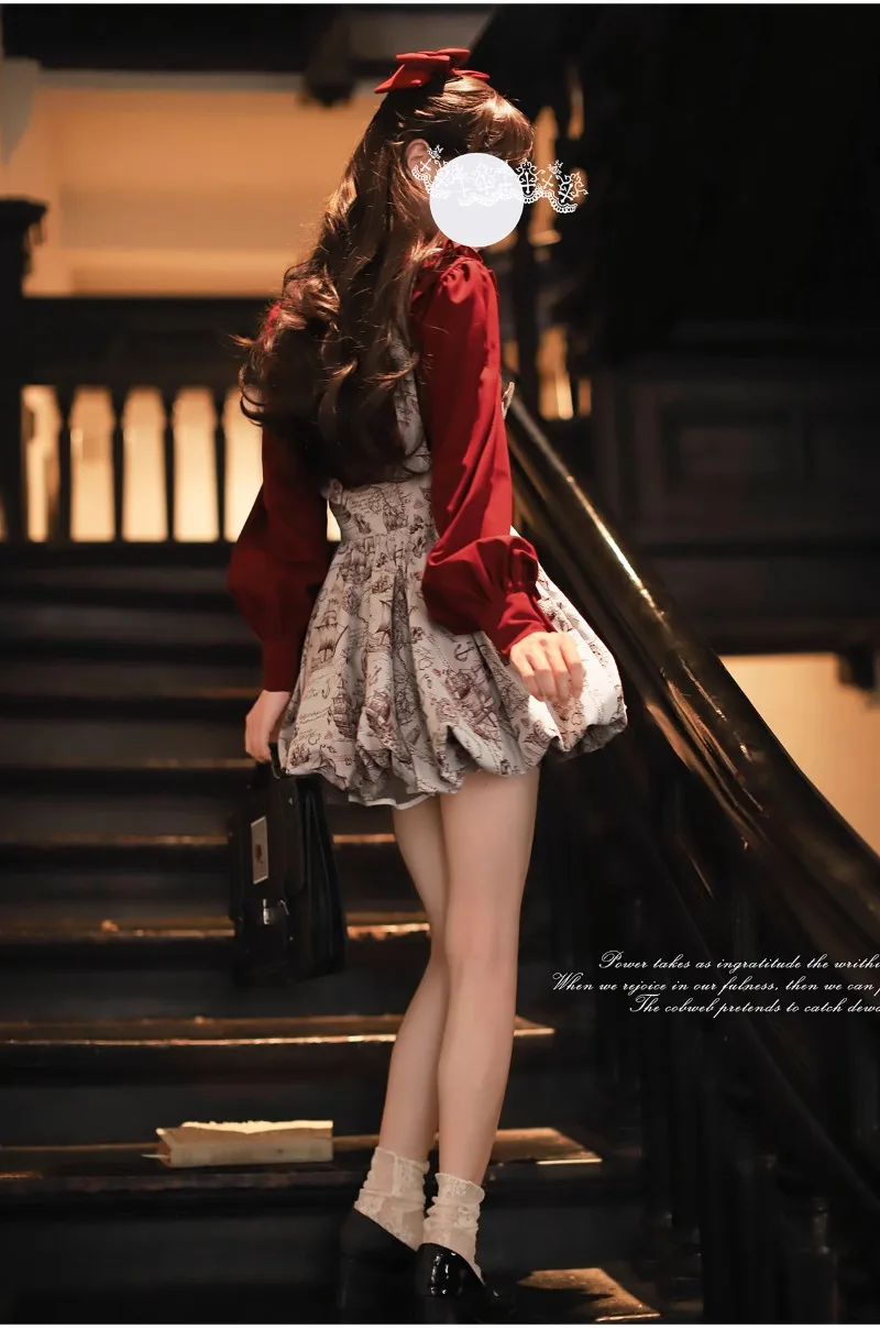 ญี่ปุ่น Rojita สไตล์ JK หวานและน่ารัก Burgundy ชุดขาแขนเสื้อ Bud Tutu ชุดสั้น Vestido Feminininos