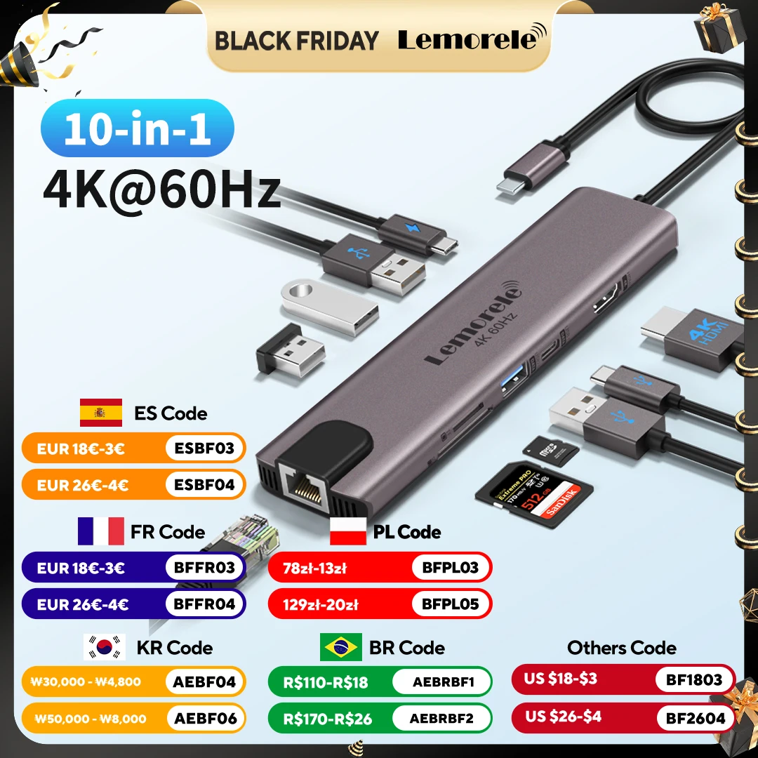 

Док-станция Lemorele 10 в 1 USB C HUB Адаптер типа C 4K при 60 Гц HDMI 100 Вт PD RJ45 1000 Мбит/с Ethernet SD/TF Слот для ноутбука Mac
