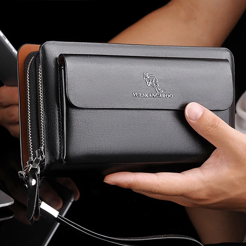 YUESKANGAROO Men Clutch Bag Fashion Long Purse Double Zipper Business Wallet Male Casual Bag