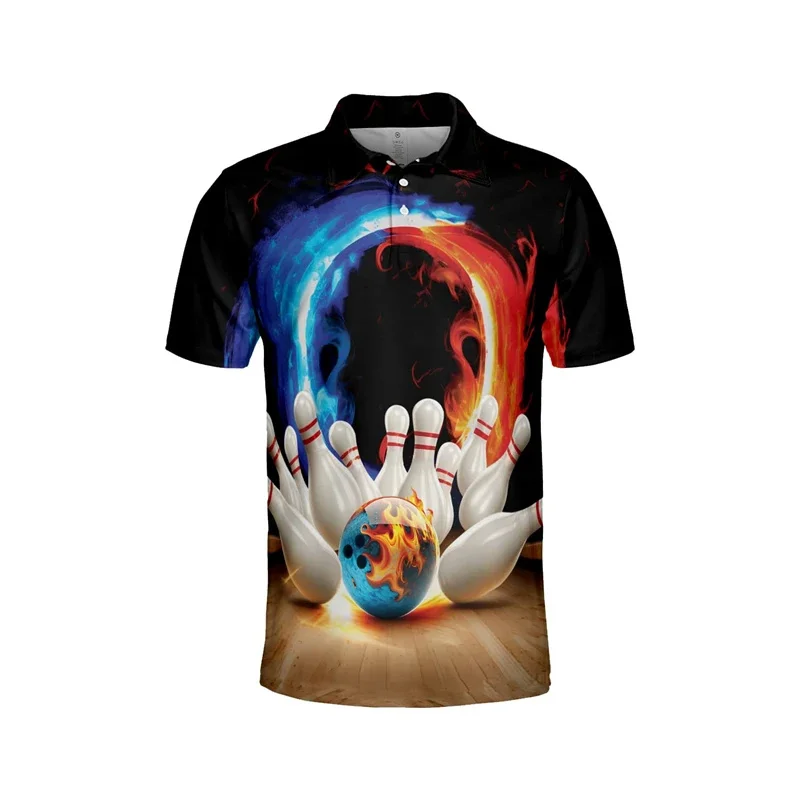 Bowling Pattern Polo Shirt For Men Gutterball Club 3D Printed T-Shirts Summer Street Sport Short Sleeve Lapel Tops Button Tees
