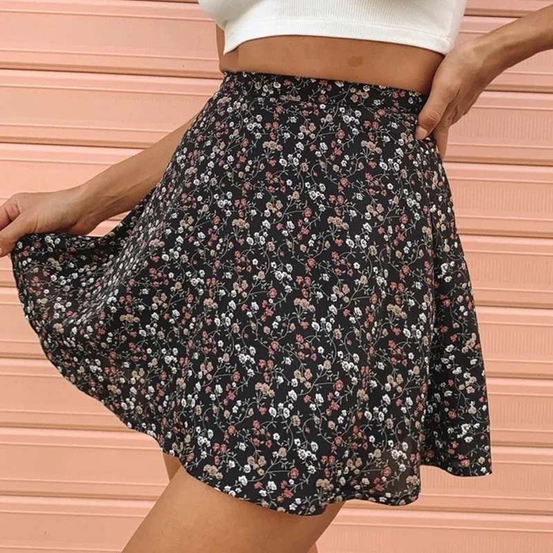 Summer new women\' floral print skirt high waist umbrella mini skirt Female invisible zipper chiffon print short skirt women 2022