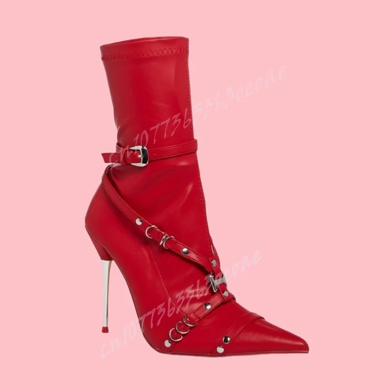 Red Strappy Metal Heels Ankle Boots Matte Leather Pointy Toe Shoes for Women Thin High Heels Sexy Shoes 2024 Zapatos Para Mujere