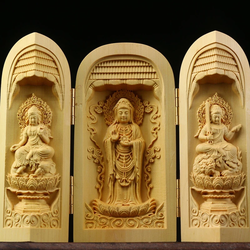 Tibet Buddhism Boxwood Kwan-yin Shakyamuni GuanYin 3 God Buddha Statue Box Folding Buddha Statue Box Home Temple Decor Ornament