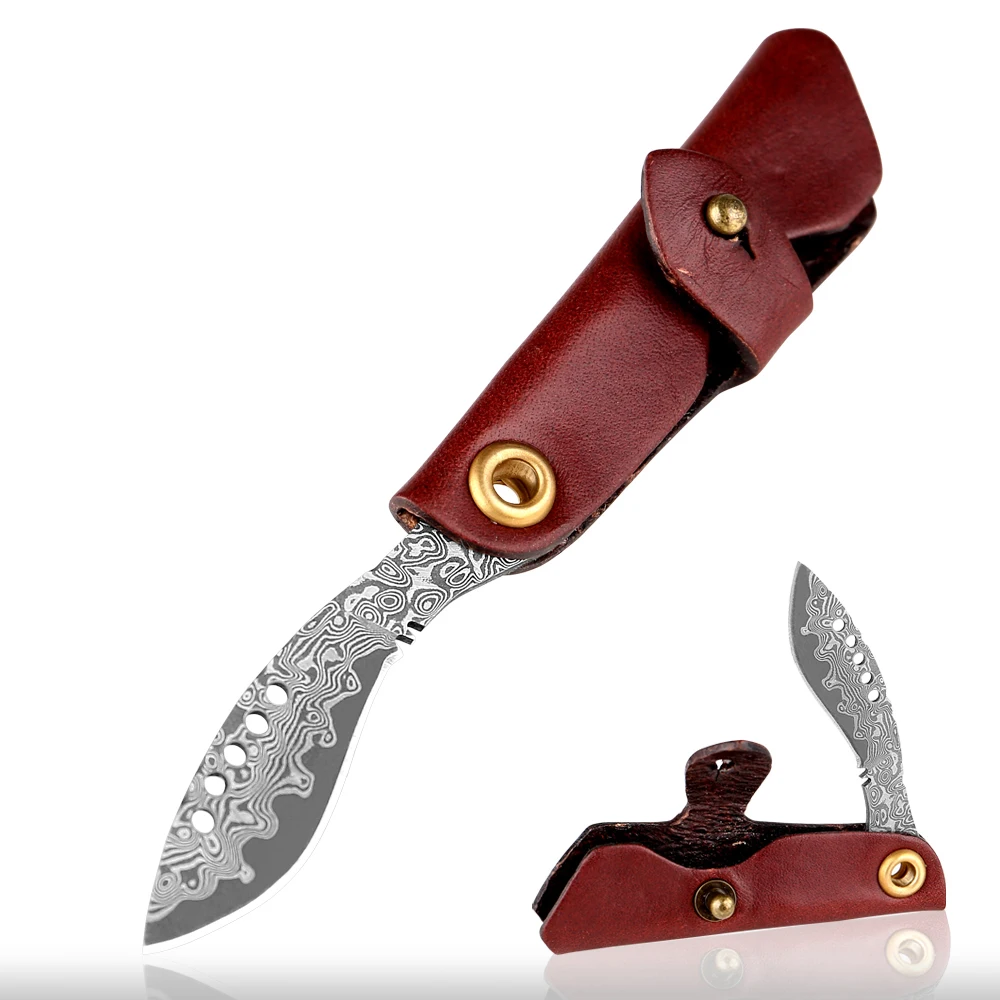 Japanese Damascus Steel Pocket Knife Sharp Small Folding Knives Leather Handle Key Knife for Dismantling Express Delivery