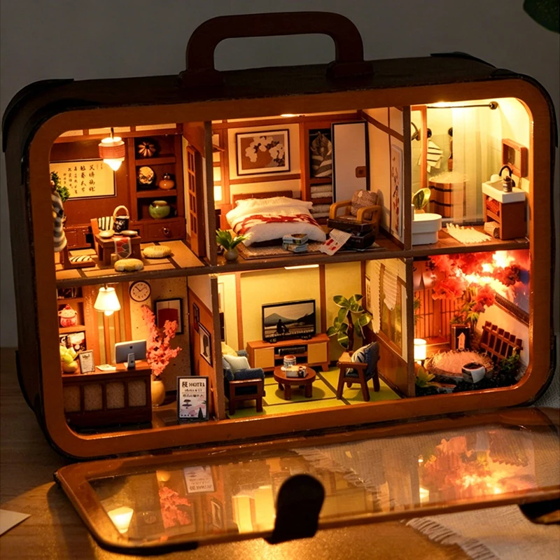 DIY 3D Wooden Japanese Hot Spring Hotel Cottage Miniature Model Kits Mini Casa Jigsaw Puzzles for Friends Birthday Gifts